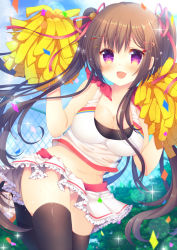 Rule 34 | 1girl, :d, azu torako, bare shoulders, blue sky, blush, breasts, brown hair, brown thighhighs, bush, cat hair ornament, chain-link fence, cheerleader, cleavage, cloud, cloudy sky, confetti, crop top, day, fang, fangs, fence, frilled skirt, frills, gradient eyes, hair ornament, hair ribbon, hairclip, hairpin, hands up, heart, heart hair ornament, highres, large breasts, leg up, long hair, looking at viewer, microskirt, midriff, miniskirt, moe2017, multicolored eyes, navel, open mouth, original, outdoors, panties, pantyshot, pom pom (cheerleading), purple eyes, purple hair, red ribbon, ribbon, sidelocks, skirt, sky, sleeveless, smile, solo, sparkle, sports bra, standing, standing on one leg, sweat, thighhighs, twintails, underwear, upskirt, very long hair, white panties, x hair ornament, yellow eyes