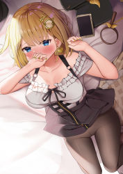 Rule 34 | 1girl, absurdres, bag, black pantyhose, black skirt, blonde hair, blue eyes, blush, breasts, cellphone, collarbone, covering own mouth, crotch seam, earrings, hair ornament, handbag, heart, heart earrings, highres, hololive, hololive english, jewelry, kusana (dudqja602), looking at viewer, lying, magnifying glass, medium breasts, nail polish, on back, pantyhose, phone, shirt, short hair, skirt, smartphone, solo, virtual youtuber, watson amelia, watson amelia (street casual), white shirt, yellow nails