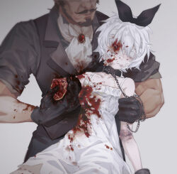 Rule 34 | 1boy, 1girl, amputee, arm grab, ascot, bare shoulders, beard, black bow, black collar, black gloves, blood, blood on clothes, blood on face, bow, breasts, broken arm, brooch, bruise, chain, chain leash, collar, dress, expressionless, facial hair, formal, gloves, grey background, guro, hair bow, highres, injury, jewelry, leash, li xueyao, missing eye, muscular, muscular male, mustache, original, short hair, simple background, small breasts, upper body, vest, white dress, white eyes, white hair