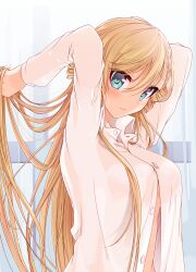 Rule 34 | araragi ayune, arms up, blonde hair, blue eyes, blush, braid, breasts, buttons, commentary request, curtains, embarrassed, french braid, hair bun, hair over breasts, hair over one breast, half updo, hand in own hair, highres, large breasts, long hair, looking at viewer, naked shirt, open clothes, open shirt, original, rinna milford, shirt, straight hair, wavy mouth, window