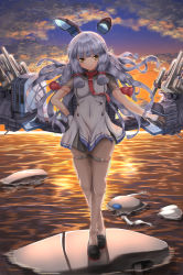 Rule 34 | 10s, 2girls, backlighting, black legwear, blunt bangs, breasts, cloud, covered navel, crossed legs, dress, floating, floating headgear, full body, gloves, hair ribbon, hand on own hip, headgear, highres, kantai collection, loafers, long hair, looking at viewer, maimu (gol-em-1226), mecha musume, multiple girls, murakumo (kancolle), necktie, ocean, orange eyes, outdoors, pantyhose, partially submerged, remodel (kantai collection), ribbon, sailor dress, shoes, silver hair, skindentation, small breasts, smile, solo focus, standing, sunset, thigh strap, tress ribbon, twilight, watson cross, wind, wo-class aircraft carrier, wreckage