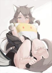 Rule 34 | 1girl, ahoge, animal ears, barefoot, covered mouth, floating hair, grey eyes, grey hair, grey tail, hair between eyes, highres, holding, leg up, long sleeves, mikisai, hugging object, original, pulling own clothes, sidelocks, simple background, soles, solo, tail, toes, white background