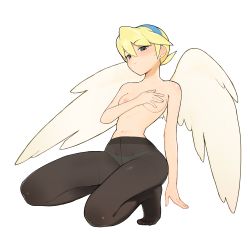 Rule 34 | 1girl, angel wings, blonde hair, blush, breasts, breath of fire, breath of fire iv, covering privates, covering breasts, een033, feathered wings, hairband, highres, looking at viewer, nina (breath of fire iv), nipples, pantyhose, short hair, solo, topless, very short hair, white wings, wings