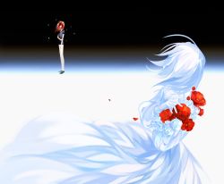 Rule 34 | 2others, absurdres, androgynous, bare arms, bare legs, black background, black footwear, cinnabar (houseki no kuni), cizihoudanshao, colored skin, comparison, contrast, dress, dual persona, facing away, floating clothes, floating hair, flower, gem uniform (houseki no kuni), hand on own arm, hands up, highres, houseki no kuni, loafers, long hair, long sleeves, looking at another, looking at viewer, looking to the side, medium hair, multiple others, other focus, petals, puffy long sleeves, puffy short sleeves, puffy sleeves, red flower, red hair, shoes, short jumpsuit, short sleeves, spoilers, standing, tsuki jin, white dress, white flower, white hair, white skin