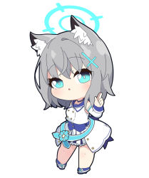 Rule 34 | 1girl, :o, animal ear fluff, animal ears, bare shoulders, blue archive, blue eyes, blue sailor collar, blush, chibi, detached sleeves, full body, grey hair, hair between eyes, hair ornament, halo, hand up, idol clothes, long sleeves, looking at viewer, mischievous straight uniform (blue archive), nyaru (nyaru 4126), parted lips, pleated skirt, sailor collar, shiroko (blue archive), shirt, shoes, simple background, skirt, sleeveless, sleeveless shirt, solo, white background, white footwear, white shirt, white skirt, white sleeves