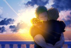 Rule 34 | 2boys, blonde hair, cloud, cloudy sky, couple, cowboy shot, green hair, hair over one eye, hug, male focus, multiple boys, muscular, one eye closed, one piece, pectorals, pinattsu, roronoa zoro, sanji (one piece), scar, scar on face, short hair, sky, sunset, toned, toned male, yaoi