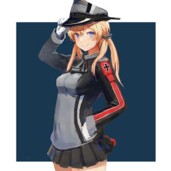 Rule 34 | 10s, 1girl, absurdres, anchor hair ornament, bad id, bad pixiv id, blonde hair, blue background, blue eyes, border, breasts, cowboy shot, cross, gloves, hair ornament, hand on headwear, hand on own hip, hat, highres, iron cross, kantai collection, long hair, looking at viewer, microskirt, military, military uniform, peaked cap, prinz eugen (kancolle), revision, shion (mirudakemann), simple background, skirt, solo, twintails, uniform, white border, white gloves