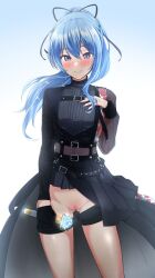 Rule 34 | 1girl, black gloves, black nails, black ribbon, black shirt, black shorts, black showgirl skirt, blue eyes, blue hair, blush, censored, clothes pull, clothing request, gloves, gradient background, hair between eyes, hair ribbon, holding, hololive, hoshimachi suisei, hoshimachi suisei (shout in crisis), long hair, looking at viewer, mosaic censoring, mp150 plus, ponytail, pussy, pussy juice, ribbon, shirt, short shorts, shorts, shorts pull, showgirl skirt, smile, solo, star (symbol), star in eye, symbol in eye, virtual youtuber