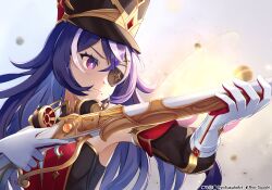 Rule 34 | 1girl, absurdres, bare shoulders, chevreuse (genshin impact), commentary, detached sleeves, earmuffs, earmuffs around neck, eyepatch, genshin impact, gloves, gun, hat, highres, holding, holding gun, holding weapon, long hair, mole, mole under mouth, purple eyes, purple hair, rifle, ryo-suzuki, shako cap, solo, upper body, very long hair, weapon, white gloves