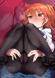 Rule 34 | 1girl, absurdres, ahoge, ass, black pantyhose, blush, breasts, command spell, fate/grand order, fate (series), feet, fujimaru ritsuka (female), fujimaru ritsuka (female) (anniversary blonde), has bad revision, has censored revision, highres, knees together feet apart, legs, long sleeves, looking at viewer, lying, medium breasts, on back, one side up, open mouth, orange eyes, orange hair, pantyhose, pussy, sekai saisoku no panda, shirt, short hair, simple background, spread pussy, toes, white shirt