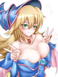 Rule 34 | 1girl, blonde hair, breasts, bursting breasts, cleavage, dark magician girl, double v, hat, highres, large breasts, long hair, looking at viewer, smile, solo, v, witch hat, yu-gi-oh!