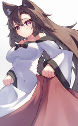 Rule 34 | 1girl, absurdres, animal ears, blush, breasts, brooch, brown hair, covered navel, dress, highres, imaizumi kagerou, jewelry, large breasts, long hair, long sleeves, looking at viewer, navel, off-shoulder dress, off shoulder, red eyes, saniraku, simple background, skin tight, skirt, solo, touhou, wide sleeves, wolf ears, wolf girl