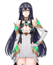 Rule 34 | 1girl, absurdres, ayra (fire emblem), bare legs, bare shoulders, black hair, breasts, chest jewel, cleavage, cleavage cutout, clothing cutout, cowboy shot, dress, earrings, elbow gloves, expressionless, fire emblem, fire emblem: genealogy of the holy war, gloves, grey eyes, hand on own hip, highres, jewelry, large breasts, long hair, looking at viewer, mythra (xenoblade), nintendo, saikunartworks, short dress, simple background, solo, tiara, very long hair, white background, white dress, white gloves, xenoblade chronicles (series), xenoblade chronicles 2