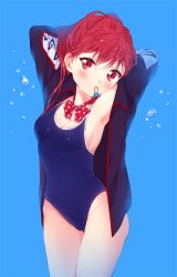 Rule 34 | 10s, 1girl, bad id, bad pixiv id, competition school swimsuit, free!, jacket, long hair, matsuoka gou, mirei, mouth hold, one-piece swimsuit, ponytail, red eyes, red hair, school swimsuit, swimsuit