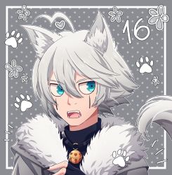 Rule 34 | 1boy, ahoge, animal ear fluff, animal ears, bell, black gloves, black nails, blue eyes, cheer (cheerpuppy14), commentary, danganronpa (series), danganronpa v3: killing harmony, english commentary, fangs, fingerless gloves, fur-trimmed jacket, fur trim, gloves, grey background, grey hair, grey jacket, hand up, heart, highres, jacket, jewelry, k1-b0, nail polish, necklace, o-ring, open mouth, paw print, paw print background, polka dot, polka dot background, portrait, short hair, sideways glance, solo, tail, wolf boy, wolf ears, wolf tail