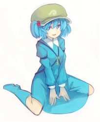 Rule 34 | 1girl, bad id, bad pixiv id, blue eyes, blue hair, dress, female focus, full body, hair bobbles, hair ornament, hat, kawashiro nitori, ketopon, key, matching hair/eyes, open mouth, short hair, sitting, smile, solo, touhou, twintails, two side up, wariza, white background