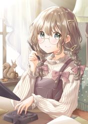 Rule 34 | 1girl, absurdres, animal, blush, bow, braid, brown hair, closed mouth, curtains, desk, glasses, green eyes, hair bow, hair ornament, hairclip, hand up, highres, holding, holding pencil, hoshiibara mato, indoors, lamp, long hair, long sleeves, looking at viewer, original, overalls, pencil, pink bow, round eyewear, short twintails, sitting, smile, solo, squirrel, sweater, turtleneck, turtleneck sweater, twintails, white sweater, window