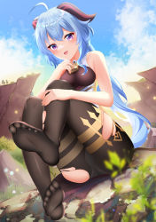 Rule 34 | 1girl, absurdres, ahoge, bare arms, bell, black leotard, black pantyhose, blue hair, blurry, blush, bodystocking, bodysuit, breasts, cg xiao baishu, crotch, crotch seam, depth of field, feet, ganyu (genshin impact), genshin impact, gradient sky, highres, horns, knees up, leotard, leotard under clothes, long hair, looking at viewer, low ponytail, medium breasts, neck bell, no gloves, no shoes, open mouth, outdoors, pantyhose, purple eyes, sidelocks, sitting, sky, sleeveless, smile, soles, solo, thighs, torn clothes, torn pantyhose