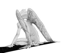 Rule 34 | 1girl, akeru, angel wings, arm support, barefoot, dirty, feathered wings, full body, greyscale, highres, kneeling, long hair, monochrome, nude, original, shadow, signature, soles, solo, white background, wings