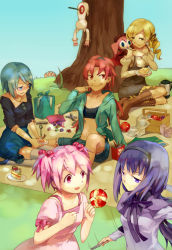 Rule 34 | 10s, 5girls, akemi homura, apple, blush, cake, cake slice, candy, casual, charlotte (madoka magica), cheese, collarbone, dappled sunlight, drill hair, embarrassed, feeding, food, food on face, fork, frown, fruit, greenheart, hair bobbles, hair ornament, highres, impaled, kaname madoka, knife, kyubey, mahou shoujo madoka magica, mahou shoujo madoka magica (anime), miki sayaka, multiple girls, open mouth, outdoors, picnic, picnic basket, plant, plate, sakura kyoko, shade, short sleeves, sitting, spoon, sunlight, swiss cheese, tomoe mami, tongue, tongue out, tree, twin drills, twintails