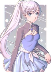 Rule 34 | 1girl, blue dress, blue eyes, bow, breasts, cleavage, collarbone, dress, earrings, floating hair, hair between eyes, hand on hilt, jewelry, kio rojine, layered dress, long hair, long sleeves, open mouth, rwby, short dress, shrug (clothing), silver hair, sleeveless, sleeveless dress, small breasts, solo, standing, strapless, strapless dress, very long hair, weiss schnee, white bow