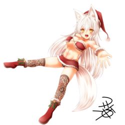 Rule 34 | 1girl, :d, animal ear fluff, animal ears, bare shoulders, blush, boots, breasts, christmas, fox ears, fox tail, fur trim, hat, kohaku (yua), large breasts, long hair, looking at viewer, open mouth, orange eyes, original, outstretched arm, pom pom (clothes), santa boots, santa hat, signature, skirt, slit pupils, smile, solo, tail, very long hair, white background, white hair, yua (checkmate)