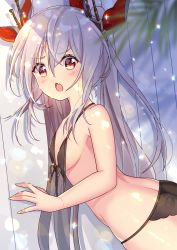 Rule 34 | 1girl, albino, ass, azur lane, bikini, bikini top only, black bikini, blush, breasts, fang, from side, front-tie bikini top, front-tie top, fujishiro kokoa, hair between eyes, highres, leaf, looking at viewer, open mouth, red eyes, red ribbon, ribbon, sideboob, silver hair, small breasts, solo, swimsuit, twintails, untied bikini, vampire (azur lane)
