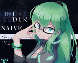Rule 34 | 1girl, adjusting eyewear, aqua eyes, arm up, black-framed eyewear, black background, black jacket, bracelet, breasts, cleavage, closed mouth, collar, collarbone, dated, destiny (game), dollar sign, english text, from side, glasses, glint, green eyes, green hair, hair between eyes, hair ornament, hand on own face, high collar, jacket, jewelry, kuroda kuwa, long hair, long sleeves, looking at viewer, looking to the side, neon trim, original, ponytail, signature, smile, solo, star (symbol), starry background, upper body, warlock (destiny)