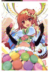 Rule 34 | 1girl, 2no, :d, absurdres, black gloves, breasts, cake, candy, character request, cleavage, copyright request, elbow gloves, food, food as clothes, from below, fruit, girl&#039;s avenue, gloves, highres, jar, konpeitou, large breasts, long hair, looking down, macaron, megami magazine, ninomoto, non-web source, open mouth, red eyes, red hair, smile, solo, strawberry