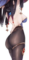 Rule 34 | 1girl, absurdres, armpits, ass, back, black hair, bodystocking, bodysuit, bodysuit under clothes, breasts, genshin impact, hat, highleg, highleg leotard, highres, huge ass, kilalesi, large breasts, leotard, mona (genshin impact), pantyhose, purple hat, purple leotard, sideboob, simple background, solo, thighlet, thighs, twintails, white background, witch hat, wizard hat