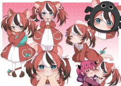 Rule 34 | 2girls, :3, :d, absurdres, animal ears, barefoot, black hair, blue eyes, blush, blush stickers, closed mouth, collar, crying, dress, frilled collar, frilled dress, frills, gradient hair, hair ribbon, hakos baelz, hands on another&#039;s cheeks, hands on another&#039;s face, heart, highres, hololive, hololive english, hug, index fingers together, irys (hololive), long hair, looking at viewer, mask, mouse ears, mouse girl, mouse tail, mr. squeaks (hakos baelz), multicolored hair, multiple girls, multiple views, open mouth, pantyhose, plank, purple dress, purple hair, red dress, red hair, ribbon, senbon tsuki, smile, streaked hair, tail, tearing up, twintails, virtual youtuber, white dress, white hair, white pantyhose, white ribbon