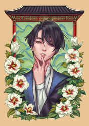 Rule 34 | 10s, 1boy, black eyes, black hair, east asian architecture, finger to mouth, flower, lee seung-gil, male focus, munette, yuri!!! on ice