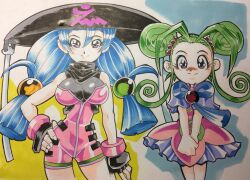 Rule 34 | 2girls, antenna hair, black bodysuit, black gloves, black hat, blue hair, blush, blush stickers, bodysuit, breasts, closed mouth, colored shadow, commentary, contrapposto, cowboy shot, double bun, dress, eyelashes, fingerless gloves, gloves, green hair, hair between eyes, hair bun, hand on own hip, hat, highres, kakuto ryori densetsu bistro recipe, large breasts, looking at viewer, makunouchi karin, mask, mask pull, mouth mask, multiple girls, natsume (kakuto ryori densetsu bistro recipe), ninja, nose blush, own hands together, pink bodysuit, pink dress, pink wristband, purple eyes, shadow, sleeveless, sleeveless bodysuit, smile, straight-on, traditional media, tsushima naoto, twintails, wok