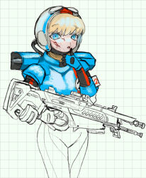 Rule 34 | 1girl, animification, apex legends, blonde hair, blood, blood on face, blue eyes, blue gloves, gloves, goggles, goggles on headwear, gun, helmet, highres, light machine gun, open mouth, pyure (pyure0729), rampage lmg, sketch, solo, unfinished, wattson (apex legends), weapon, white headwear, wired for speed wattson