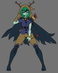Rule 34 | 1girl, adventure time, antlers, arrow (projectile), cape, colored skin, domino mask, dryad, green eyes, green hair, green skin, grey background, horns, huntress wizard, leaf, mask, monster girl, plant girl, quiver, simple background, solo