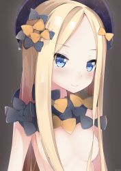 Rule 34 | 1girl, abigail williams (fate), artist name, black bow, black hat, blonde hair, blue eyes, blush, bow, breasts, brown background, closed mouth, fate/grand order, fate (series), hair bow, hair censor, hair over breasts, hat, highres, lineflo, long hair, looking at viewer, nude, orange bow, parted bangs, polka dot, polka dot bow, simple background, small breasts, smile, solo, starry sky print, upper body, v-shaped eyebrows, very long hair