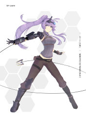 Rule 34 | 1girl, belt, black belt, breasts, brown pants, cat with a brush, clenched teeth, floating hair, full body, headgear, high ponytail, highres, long hair, looking at viewer, medium breasts, midriff, original, outstretched arm, pants, purple eyes, purple hair, purple vest, ribbed sweater, sidelocks, solo, stance, standing, stomach, sweater, teeth, very long hair, vest, white background