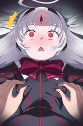 Rule 34 | 1girl, ahoge, blush, bow, breasts, commentary request, dress, empty eyes, forehead jewel, highres, huge ahoge, long hair, nipple stimulation, nipple tweak, open mouth, red eyes, small breasts, surprised, touniyuu, triangle mouth, under night in-birth, upper body, vatista, white hair