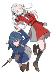 Rule 34 | 2girls, absurdres, aiming, aiming at viewer, black socks, blue dress, blue eyes, blue hair, blue ribbon, brown footwear, brown thighhighs, byleth (female) (fire emblem), byleth (fire emblem), closed mouth, commentary request, cosplay, dress, edelgard von hresvelg, fire emblem, fire emblem: three houses, full body, green ribbon, gun, hair ribbon, handgun, highres, holding, holding gun, holding knife, holding weapon, inoue takina, inoue takina (cosplay), kneehighs, knife, loafers, long hair, long sleeves, looking at viewer, lycoris recoil, lycoris uniform, multiple girls, neck ribbon, nintendo, nishikigi chisato, nishikigi chisato (cosplay), purple eyes, purple ribbon, red dress, ribbon, shoes, simple background, socks, thighhighs, toho10min, weapon, white background, white hair