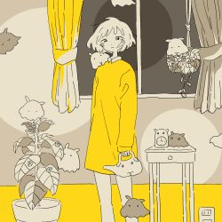 Rule 34 | 1girl, animal, baggy clothes, blush, caterpillar, circle, clock, closed eyes, collar, curtains, disheveled, dress, electrical outlet, electrical outlet, elephant, floating, hanging plant, highres, leaf, long sleeves, looking at viewer, lounging, minimalism, mitsuki sanagi, original, plant, pot, potted plant, short hair, sitting, sleeping, standing, sweater, table, vines, watering can, window, yellow curtains, yellow dress, yellow theme