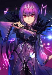 Rule 34 | 1girl, breasts, detached collar, dress, fate/grand order, fate (series), feather trim, hair between eyes, holding, holding wand, hungry clicker, jewelry, large breasts, long hair, long sleeves, looking at viewer, parted lips, pendant, purple dress, purple hair, red eyes, runes, scathach (fate), scathach skadi (fate), smile, solo, tiara, wand