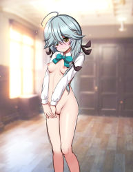 Rule 34 | 1girl, ahoge, aqua bow, aqua bowtie, aqua hair, bare arms, black ribbon, blurry, blurry background, blush, bottomless, bow, bowtie, braid, breasts, breasts out, brown eyes, cleft of venus, closed mouth, day, depth of field, embarrassed, frown, full-face blush, groin, hair over shoulder, hair ribbon, hamanami (kancolle), harukigenia, indoors, kantai collection, long hair, long sleeves, looking away, looking down, navel, nipples, no bra, open clothes, open shirt, own hands together, pussy, ribbon, shirt, single braid, small breasts, solo, standing, sunlight, uncensored, v arms, wavy mouth, white shirt, window, wooden floor