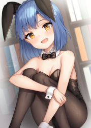 Rule 34 | 1girl, :d, animal ears, bare shoulders, binsen, black bow, black bowtie, black leotard, blue hair, blush, bow, bowtie, braid, breasts, brown eyes, brown pantyhose, cleavage, collar, crown braid, detached collar, feet out of frame, highres, hugging own legs, idolmaster, idolmaster million live!, knees together feet apart, knees up, leotard, medium breasts, nanao yuriko, open mouth, pantyhose, playboy bunny, rabbit ears, signature, sitting, smile, solo, sparkle, strapless, strapless leotard, white collar, wing collar, wrist cuffs