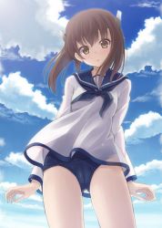 Rule 34 | 1girl, brown eyes, brown hair, cloud, cosplay, creator connection, day, hyuuga azuri, jpeg artifacts, kantai collection, miyafuji yoshika, miyafuji yoshika (cosplay), parted lips, personification, school swimsuit, school uniform, serafuku, short hair, sky, solo, strike witches, swimsuit, swimsuit under clothes, taihou (kancolle), wind, world witches series