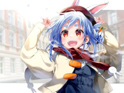 Rule 34 | 1girl, :d, alternate costume, alternate hair length, alternate hairstyle, animal ear fluff, animal ears, arms up, beret, black dress, blue hair, blurry, blurry background, blush, braid, braided bun, breasts, breath, brown hat, carrot hair ornament, cold, commentary, don-chan (usada pekora), double bun, dress, eretto, food-themed hair ornament, hair bun, hair ornament, hat, hololive, jacket, light blue hair, looking afar, medium hair, multicolored hair, open clothes, open jacket, open mouth, rabbit-shaped pupils, rabbit ears, rabbit girl, red eyes, red scarf, scarf, shirt, small breasts, smile, solo, symbol-shaped pupils, teeth, thick eyebrows, two-tone hair, unbuttoned, upper body, usada pekora, virtual youtuber, white hair, white shirt, winter clothes, yellow jacket
