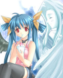 Rule 34 | 1girl, ahoge, arc system works, asymmetrical wings, blue hair, camisole, choker, denim, denim shorts, dessert, dizzy (guilty gear), eating, food, guilty gear, hair ribbon, long hair, lowres, red eyes, ribbon, shorts, sitting, solo, tail, thighhighs, twintails, undine (guilty gear), wings, zettai ryouiki