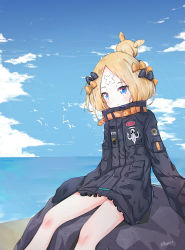 Rule 34 | 1girl, abigail williams (fate), abigail williams (traveling outfit) (fate), absurdres, beach, bird, black bow, black jacket, blonde hair, blue eyes, blush, bow, fate/grand order, fate (series), hair bow, hair bun, heroic spirit traveling outfit, highres, jacket, kalun (fwme3378), long hair, long sleeves, looking at viewer, multiple hair bows, ocean, official alternate costume, orange bow, parted bangs, seagull, single hair bun, sitting, sleeves past fingers, sleeves past wrists, solo, stuffed animal, stuffed toy, teddy bear, white background