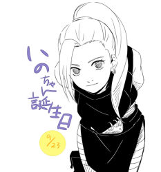 Rule 34 | 1girl, bandages, earrings, jewelry, leaning forward, long hair, looking at viewer, monochrome, n y, naruto, naruto (series), ponytail, solo, yamanaka ino
