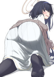 Rule 34 | 1girl, absurdres, all fours, ass, black eyes, black hair, blue archive, blue hairband, blush, brown cardigan, buchio b, cardigan, from behind, hairband, halo, highres, looking back, open mouth, simple background, skirt, solo, ui (blue archive), white background, white skirt