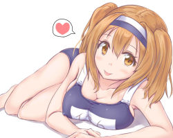 Rule 34 | 10s, 1girl, :p, ayakase hotaru, breasts, brown eyes, cleavage, hairband, heart, i-26 (kancolle), kantai collection, light brown hair, long hair, looking at viewer, lying, new school swimsuit, on stomach, one-piece swimsuit, school swimsuit, smile, solo, spoken heart, swimsuit, tongue, tongue out, two-tone hairband, two side up, white background
